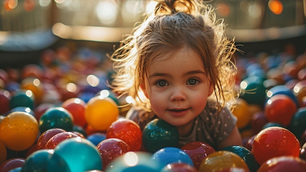 Foto ragazza felice che gioca nella fossa per palle bambino che gioca in una fossa per palline colorate