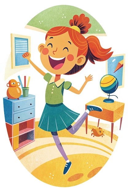 happy girl playing in room as educational poster design