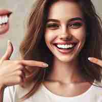 Photo happy girl pointing fingers at white perfect smile straight whitened teeth