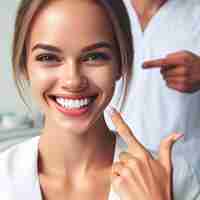 Photo happy girl pointing fingers at white perfect smile straight whitened teeth