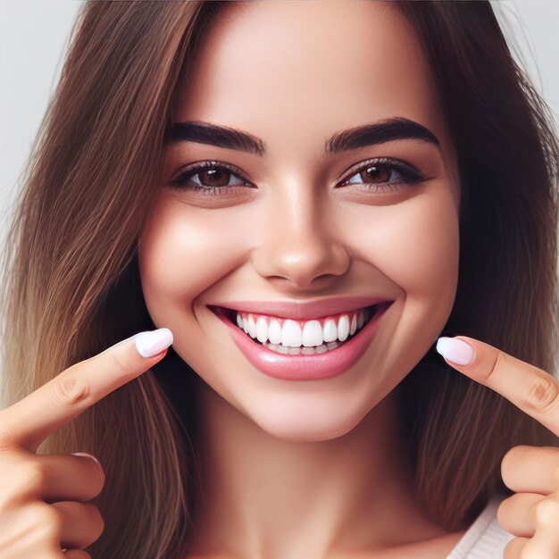 Photo happy girl pointing fingers at white perfect smile straight whitened teeth