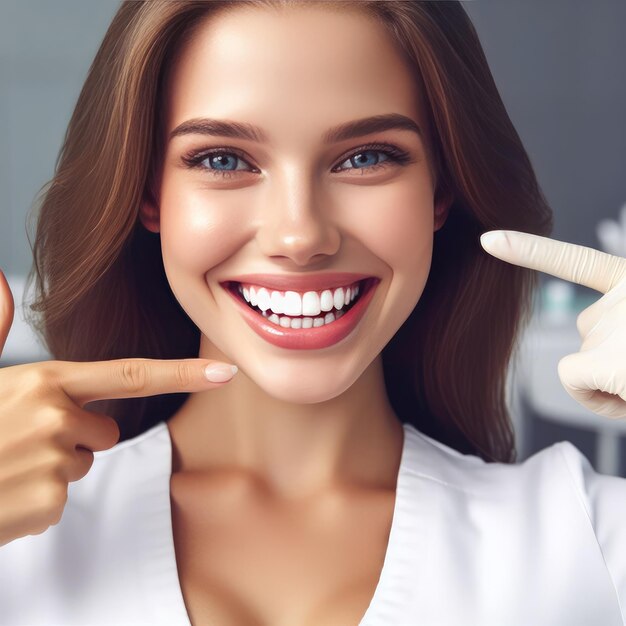 Photo happy girl pointing fingers at white perfect smile straight whitened teeth