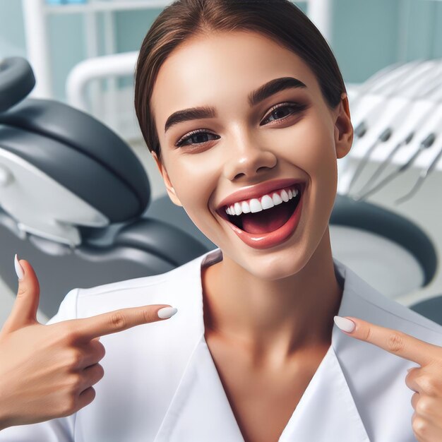 Photo happy girl pointing fingers at white perfect smile straight whitened teeth