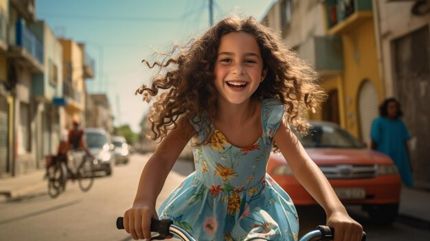 행복한 소녀가 도로에서 자전거를 타고 자전거와 같은 지속 가능한 교통 수단을 지원합니다.