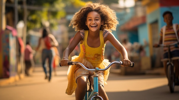 Счастливая девушка едет на велосипеде по дороге, чтобы поддержать устойчивые транспортные средства, такие как велосипеды