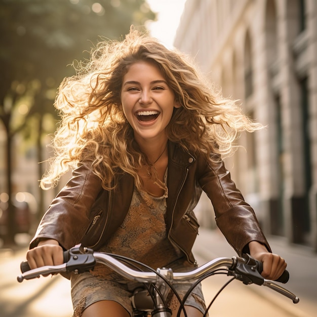 Foto una ragazza felice che va in bicicletta