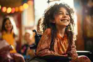 Photo happy girl in a school classroom with limited mobility due to a disability sitting in a wheelchair is happily laughing