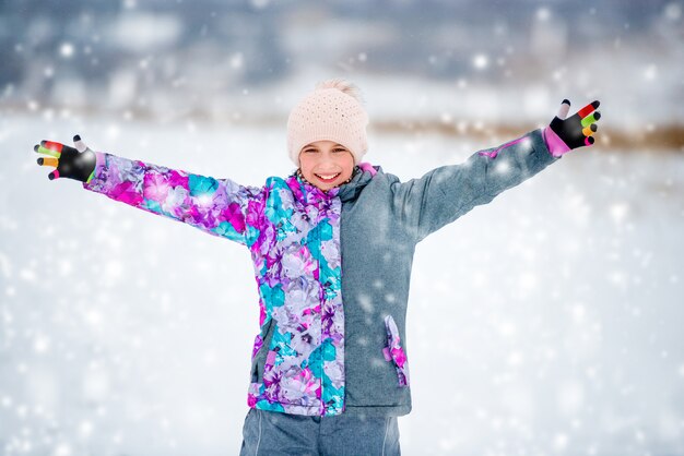 Happy girl in ski suit outdoors