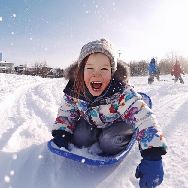 Photo happy girl sledding outdoors on clear winter day generative ai