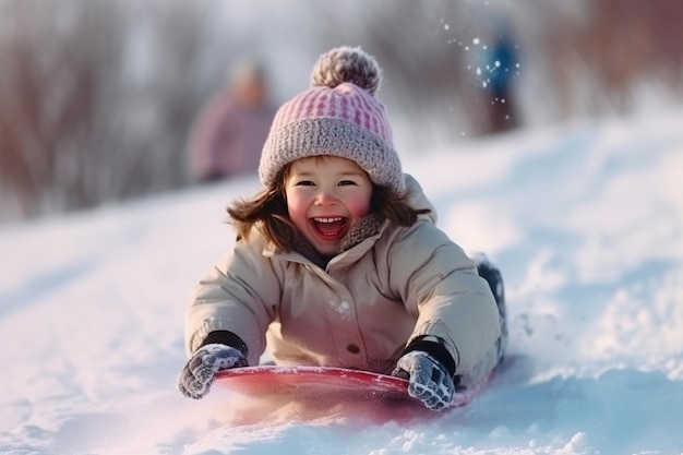 Happy girl sledding outdoors on clear winter day Generative AI