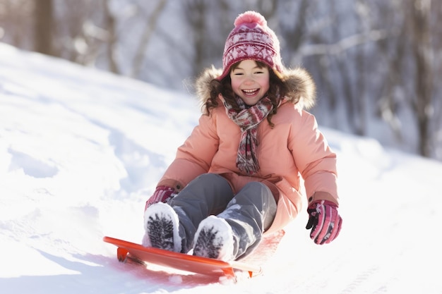 Happy girl sledding outdoors on clear winter day Generative AI