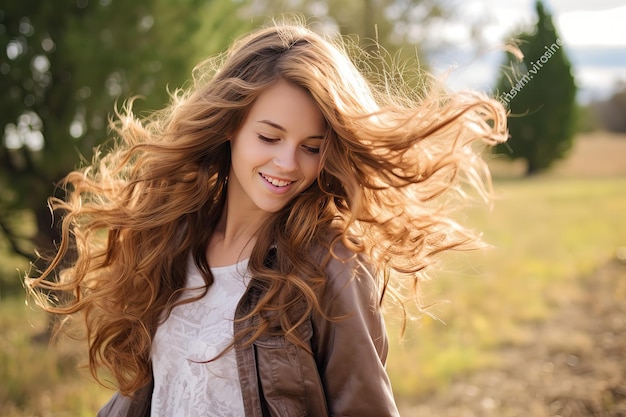 A happy girl smiles and her hair develops