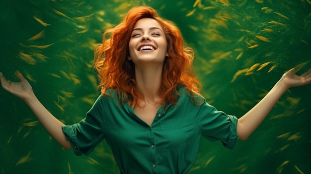 Фото Счастливая девушка стоит на сосново-зеленом фоне