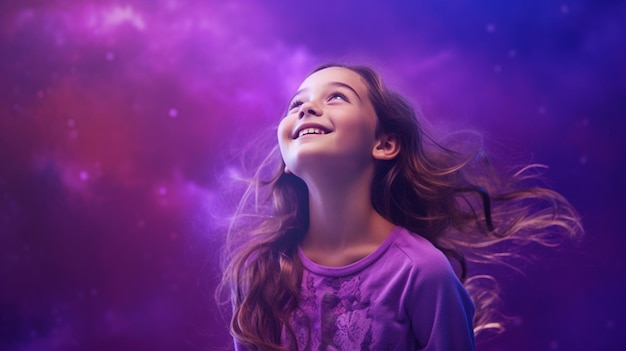 Photo happy girl standing on purple background