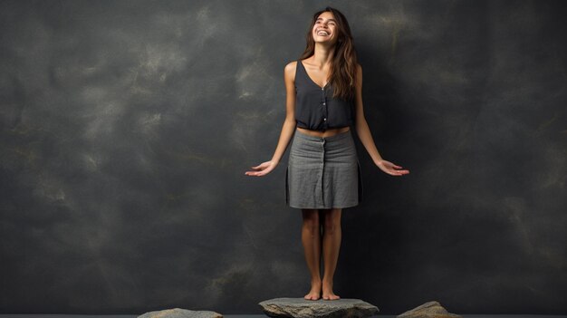 Photo happy girl standing on slate background