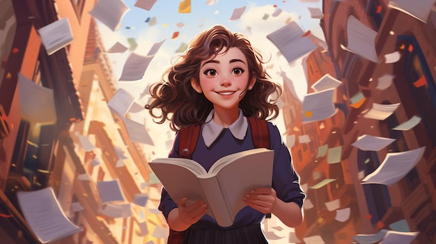 Happy girl student Flying sheets of paper around Reading or education concept