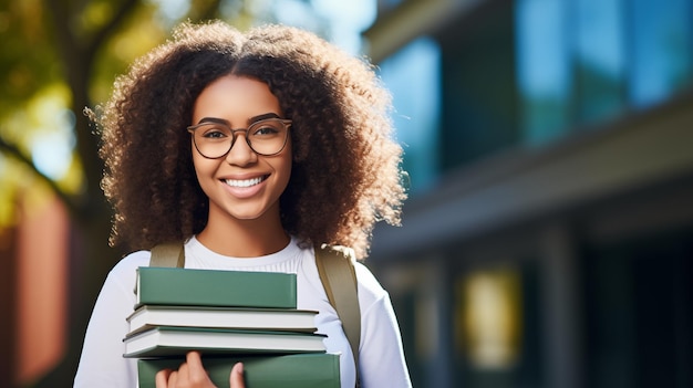 Happy girl student Portrait of female African American student with books