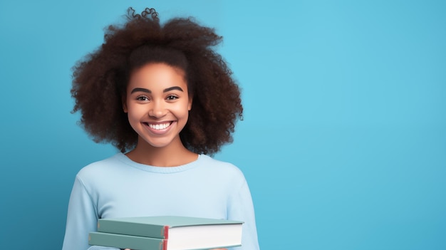 Photo happy girl student portrait of female african american student with books