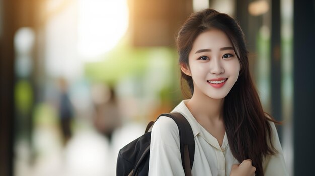 Happy girl student Portrait of female Asian student with backpack