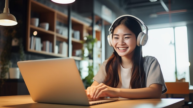 Счастливая студентка Портрет азиатской студентки с ноутбуком Концепция онлайн-учения