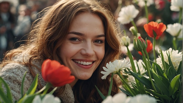 Photo happy girl takes a photo near growing flowers