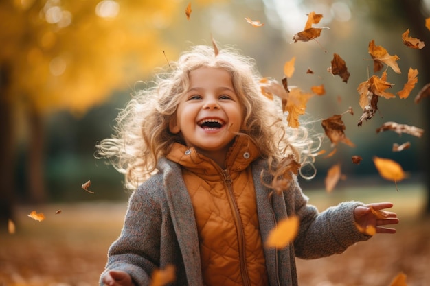 happy girl throwing the fallen leaves up playing in the autumn park