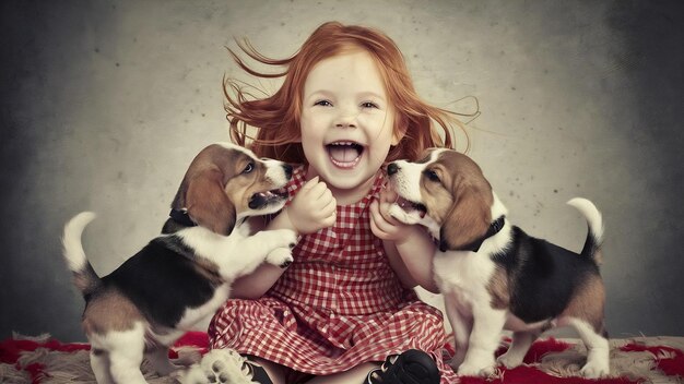 Foto la ragazza felice e due cuccioli di beagle sullo sfondo grigio