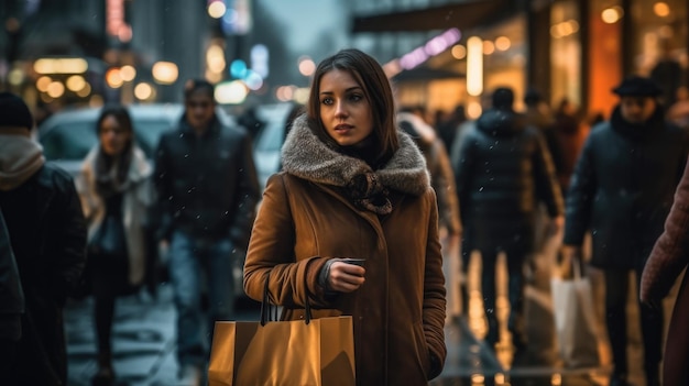 Happy girl walking with shopping bag on the street