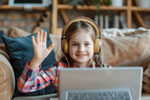 Foto happy girl waves to teacher in online class using laptop