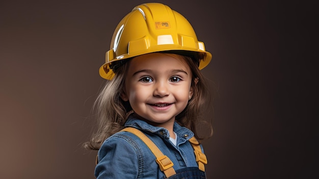 Счастливая девушка в шлеме или твердой шляпе имитирует строителя или инженера