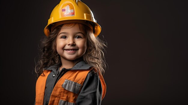 Photo happy girl wearing helmet or hard hat imitate builder or engineer