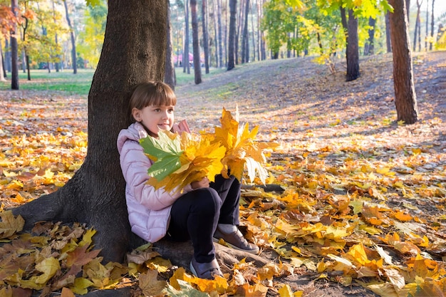 Happy girl with a bouquet of maple yellow autumn leaves sitting under a tree in a sunny city park