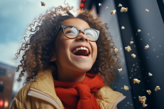 Happy girl with bucket of popcorn at evening party