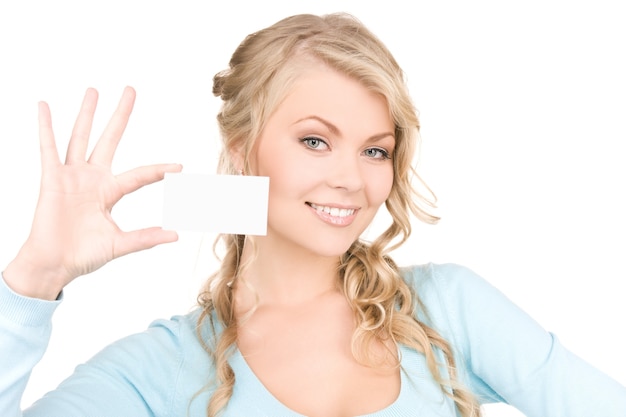 happy girl with business card over white