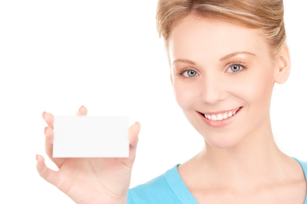 happy girl with business card over white