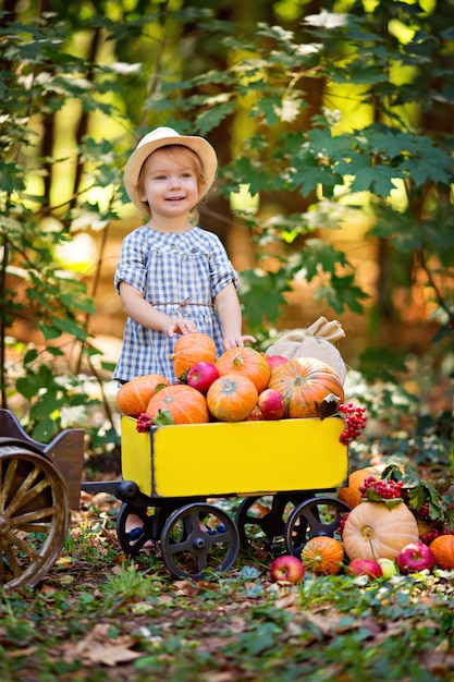 Happy girl with a cart with pumpkins