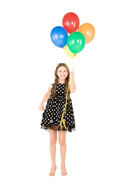 happy girl with colorful balloons over white