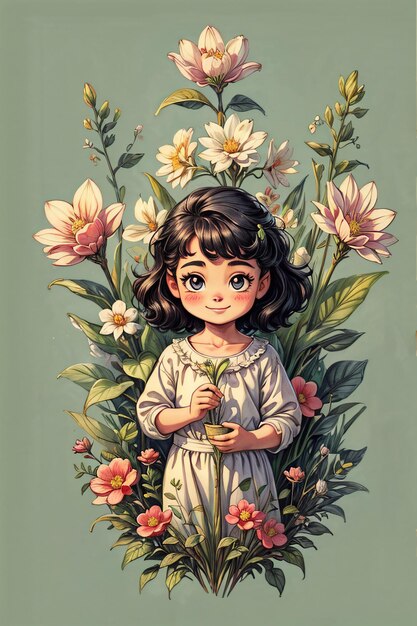 Happy Girl with Flowers Spread Illustration