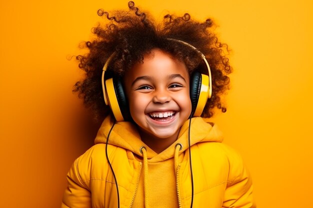 A happy girl with headphones on yellow background