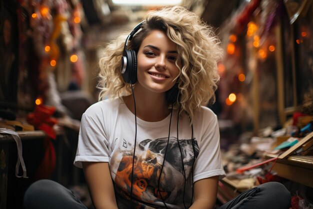 Photo happy girl with headphones