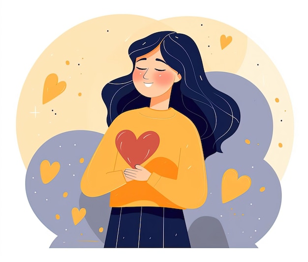 Photo happy girl with a heart on her hand illustration design in flat style in the of light orange