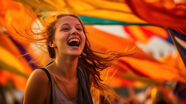 Happy girl with rainbow flags Illustration AI GenerativexD