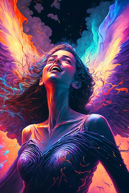 Happy girl with vibrant color wings digital art