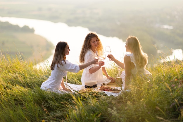 Foto amiche felici che si siedono al picnic estivo con il vino