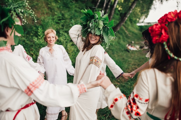 happy girls dancing traditional ucranian dance