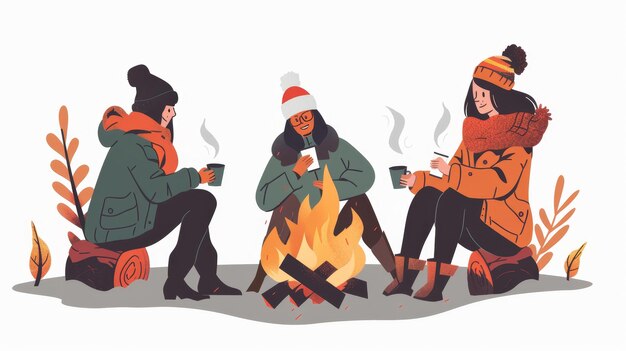 사진 추운 날씨에 친구들과 함께 캠프 불 불꽃 주위에 뜨거운 음료의 컵과 함께 휴식을 취하는 행복한 소녀 평평한 그래픽 현대 일러스트레이션은 색에 고립되어 있습니다.