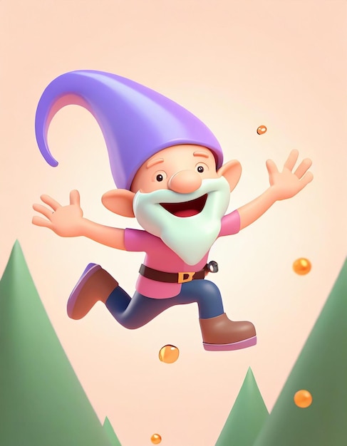 A happy gnome flying through the forest