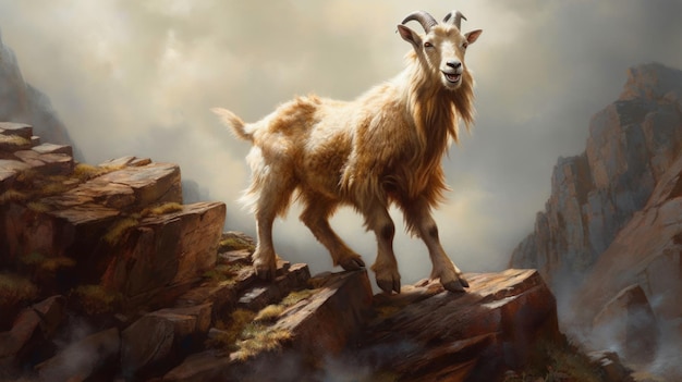 A happy goat climbing on rocks AI generated