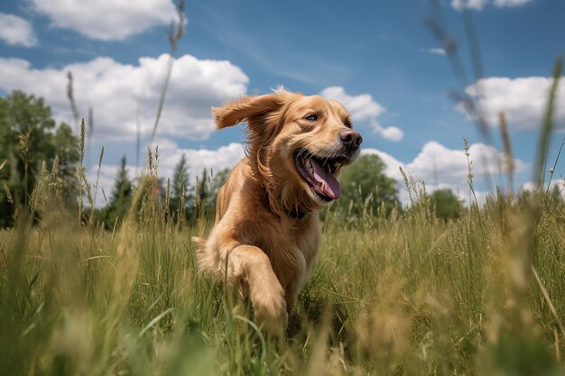 Happy Golden Dog in Lush Green