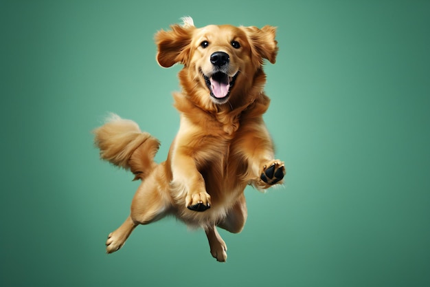 Photo happy golden retriever dog jumping on green background